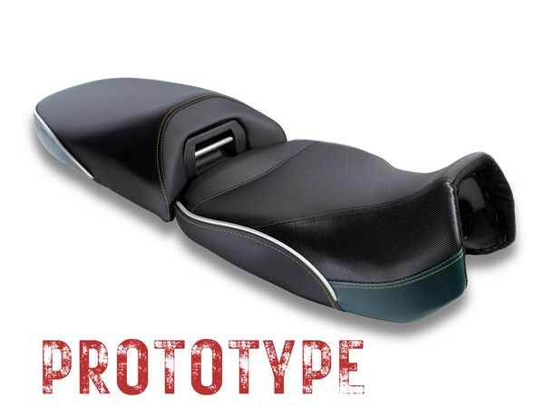 Prototype aftermarket motorcycle seat from Sargent for the BMW R 1300 GSA - shown with dark green trim.